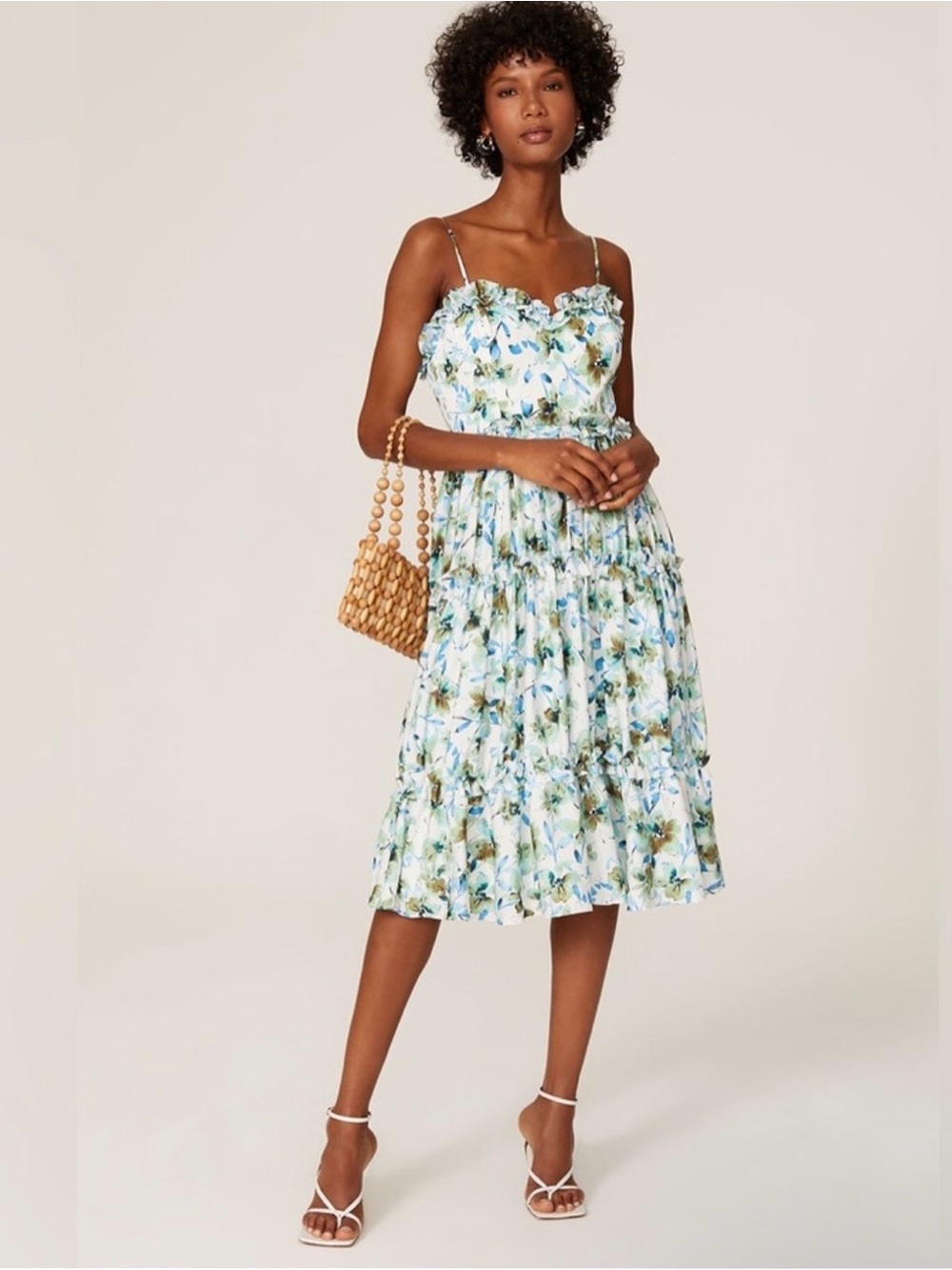 Badgley Mischka Floral Ruffle Tiered Midi Sundress in Blue Green and White K13